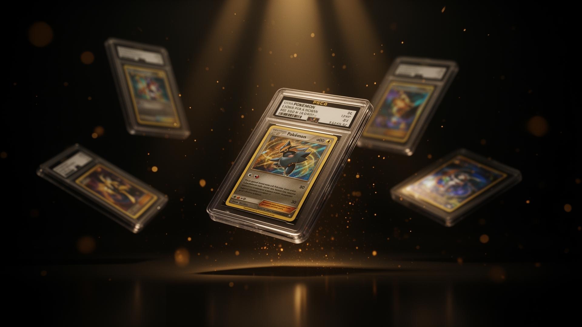 Graded Pokémon card slabs floating under dramatic golden spotlights