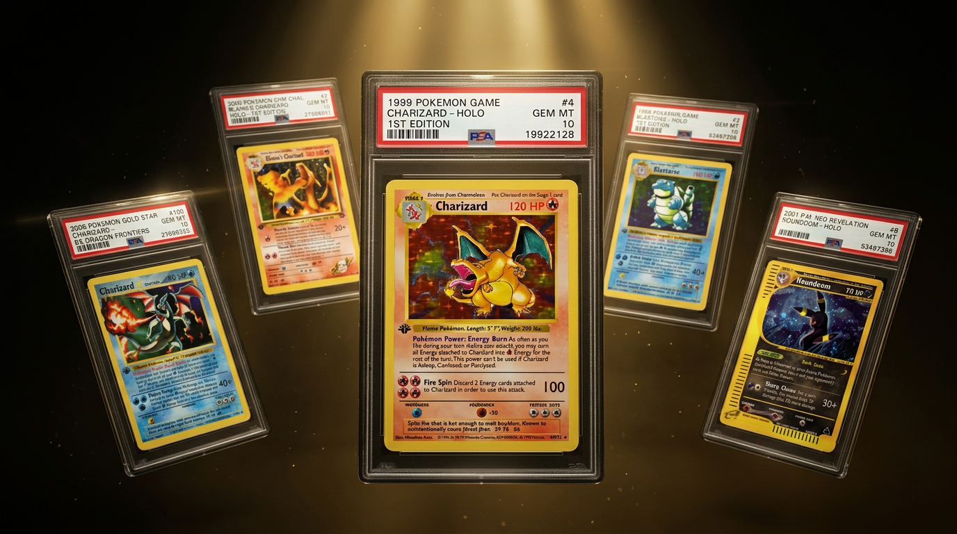 Graded Pokémon card slabs floating under dramatic golden spotlights